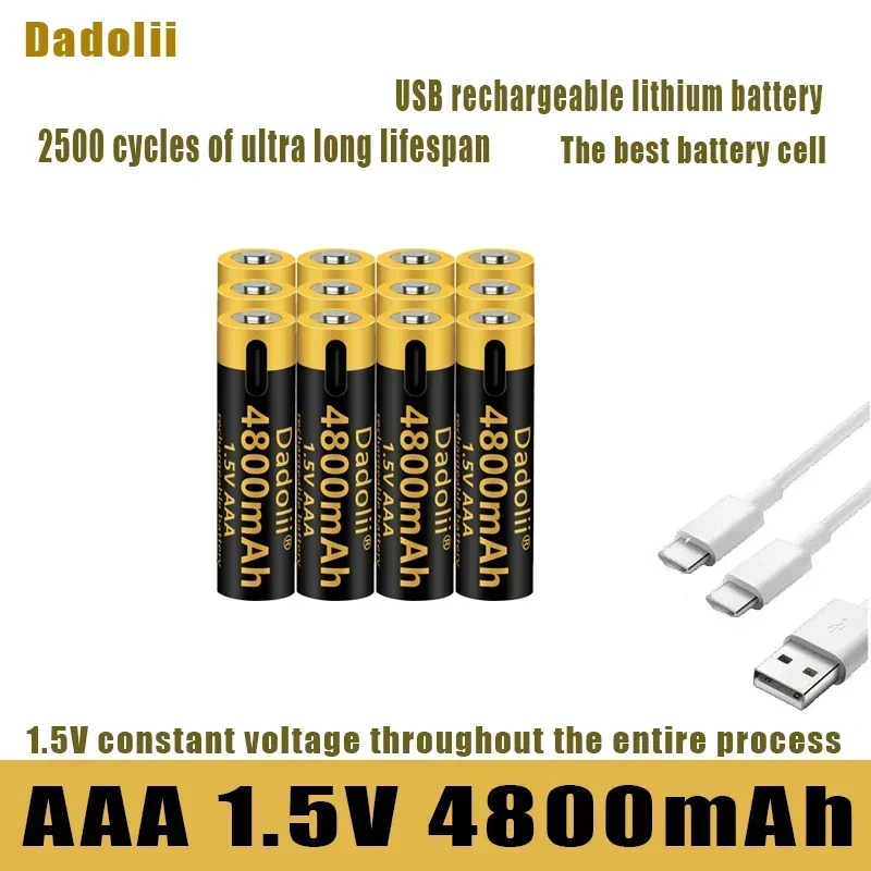 2025 بطارية ليثيوم أيون أصلية جديدة قابلة لإعادة الشحن عبر USB، بطارية AAA 1.5 فولت، 4800 مللي أمبير/ليثيوم أيون، لعبة، مشغل MP3، لوحة مفاتيح