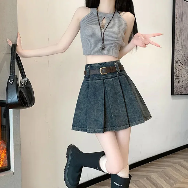 Vintage Belt Denim Mini Skirts Women Y2K High Waist Streetwear Pleated Jeans Skirts Female Summer Korean All Match A Line Skirts