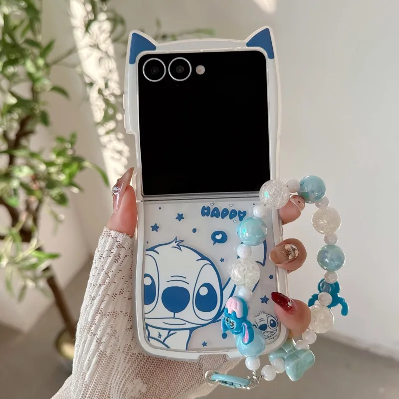 Disney cute Stitch 3D Cat Ears Phone Case Cute Cartoon Cover with Beaded Charm Strap for Samsung Galaxy Z Flip 3 4 5 6 7 7FE