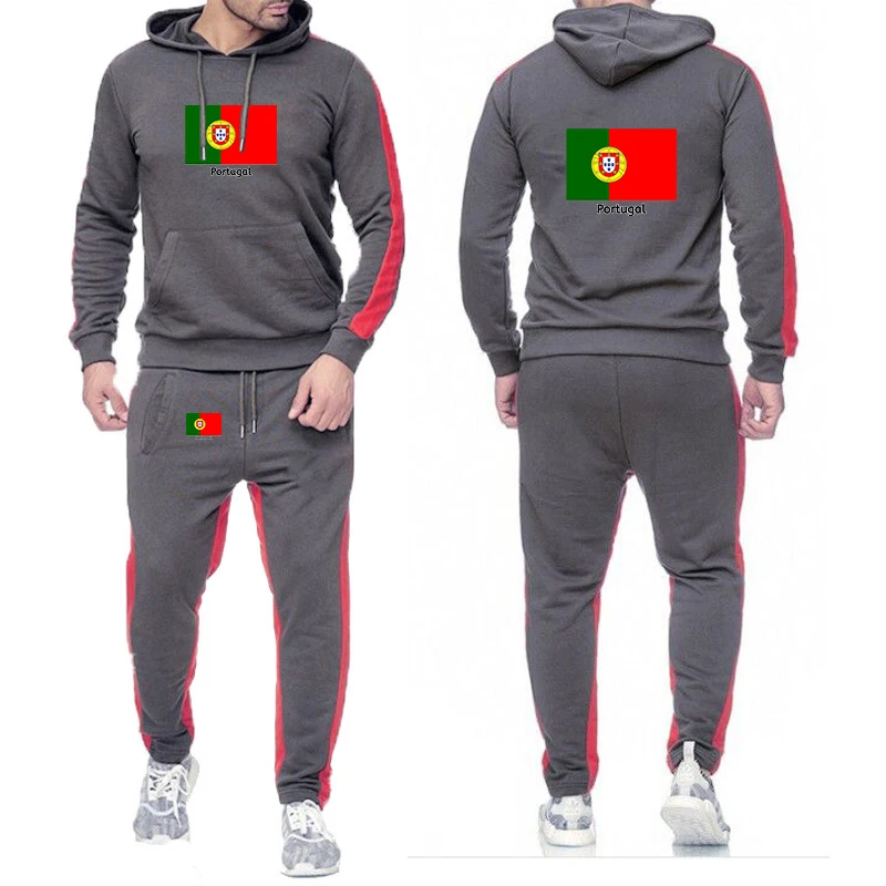 

2026 Portugal Flag Spring And Autumn Men's New Football Team Print Trendy Solid Color Hooded + Trouser Harajuku Classic Suit