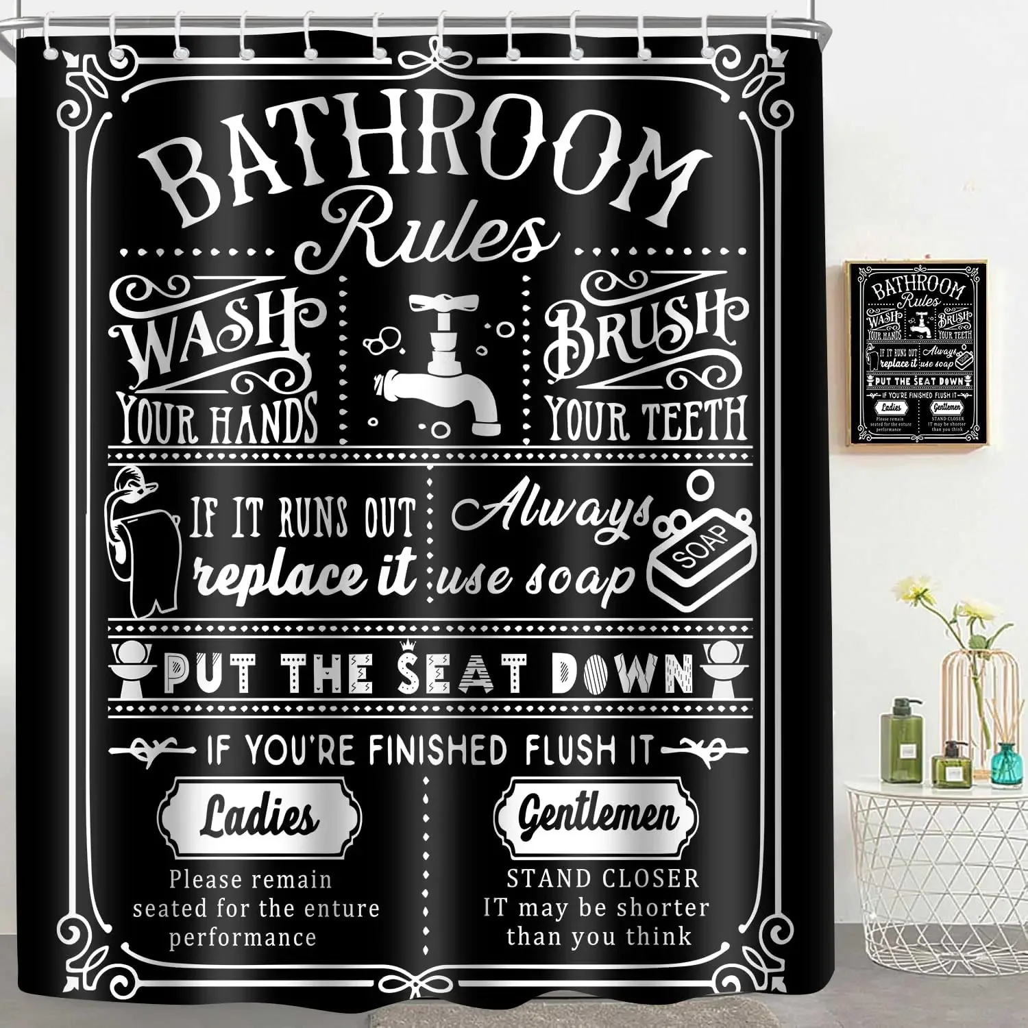 Cortina de ducha con citas divertidas, reglas de baño en blanco y negro, cortinas de ducha, refranes de inodoro bonitos y divertidos, lema de fábula para baño