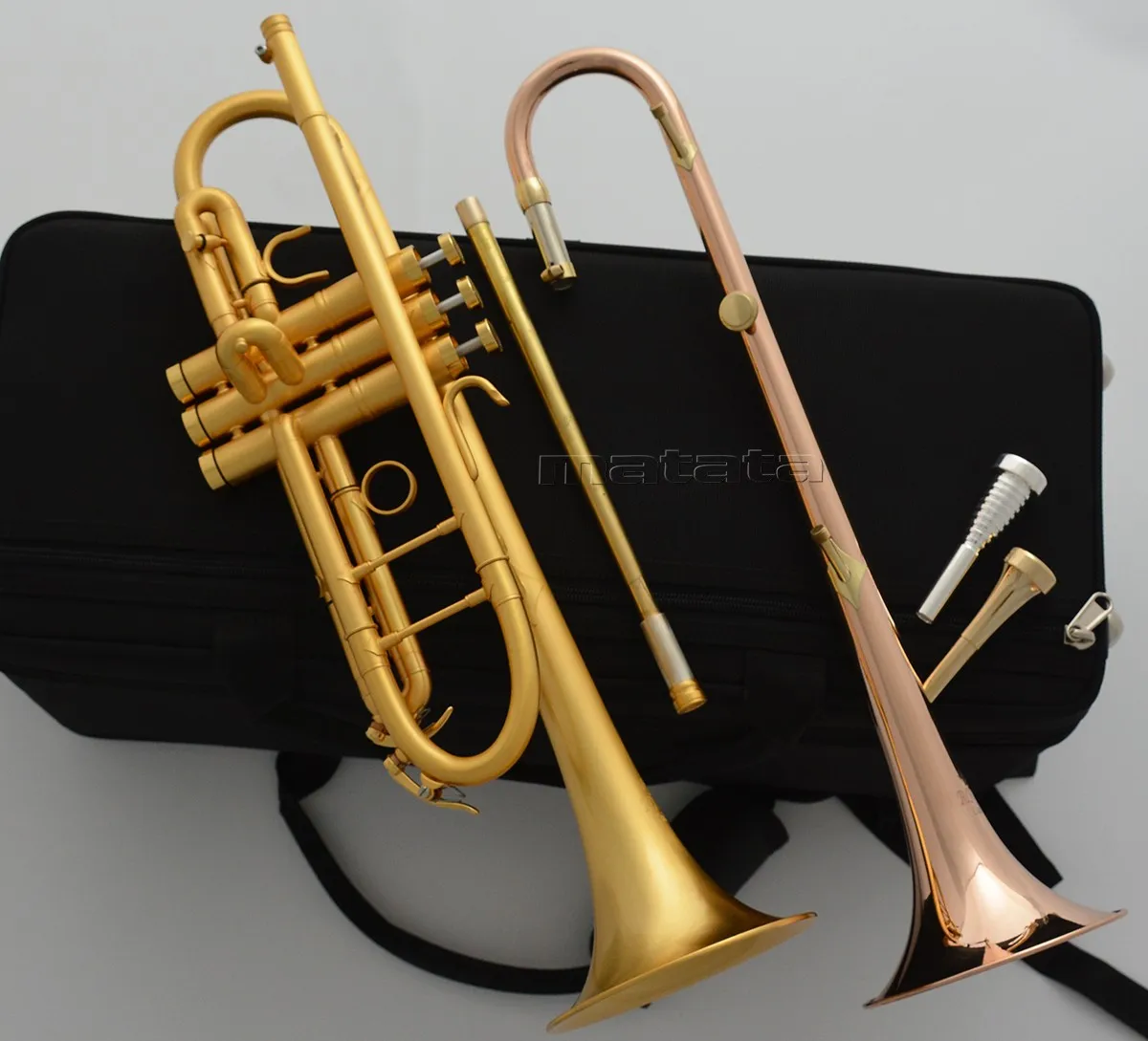 Fast Ship Detachable Double Bell Trumpet Brushed 24k Gold plated 2 Different flue pipes