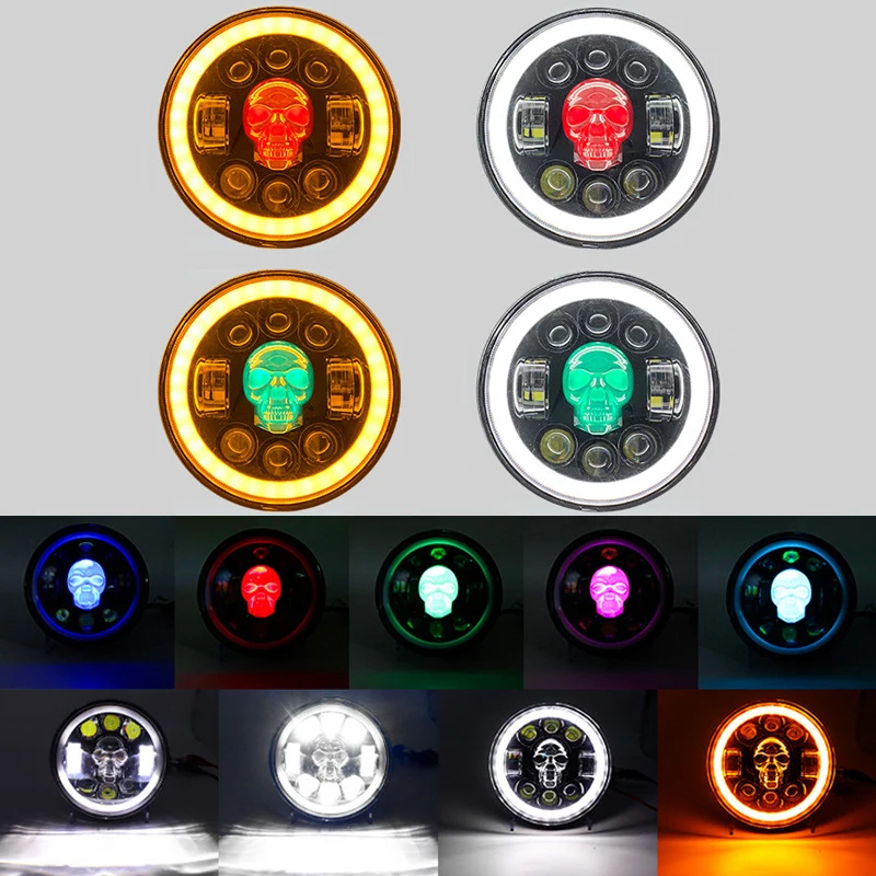 Super Bright LED Motorcycle Headlight 5 75 Inch Custom Skull Style For Harley Chopper Mustang