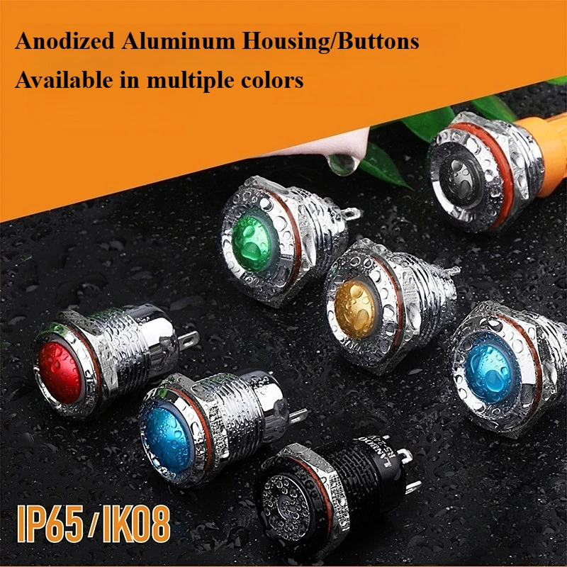 12MM 16MM Metal Push-Button Switch, Ultra-Short Mini Self-Resetting, Anodized Aluminum Button Head, Red, Green, Blue