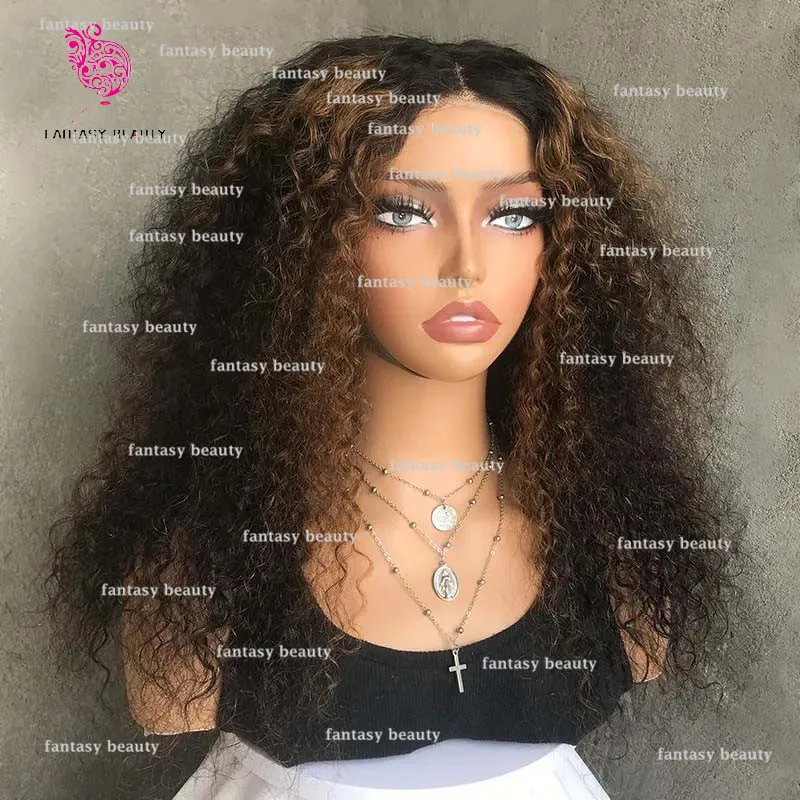 Highlights women's long hair wig kinky curly brown comfortable glueless 360 transparent HD full lace 100% human hair woman's wig