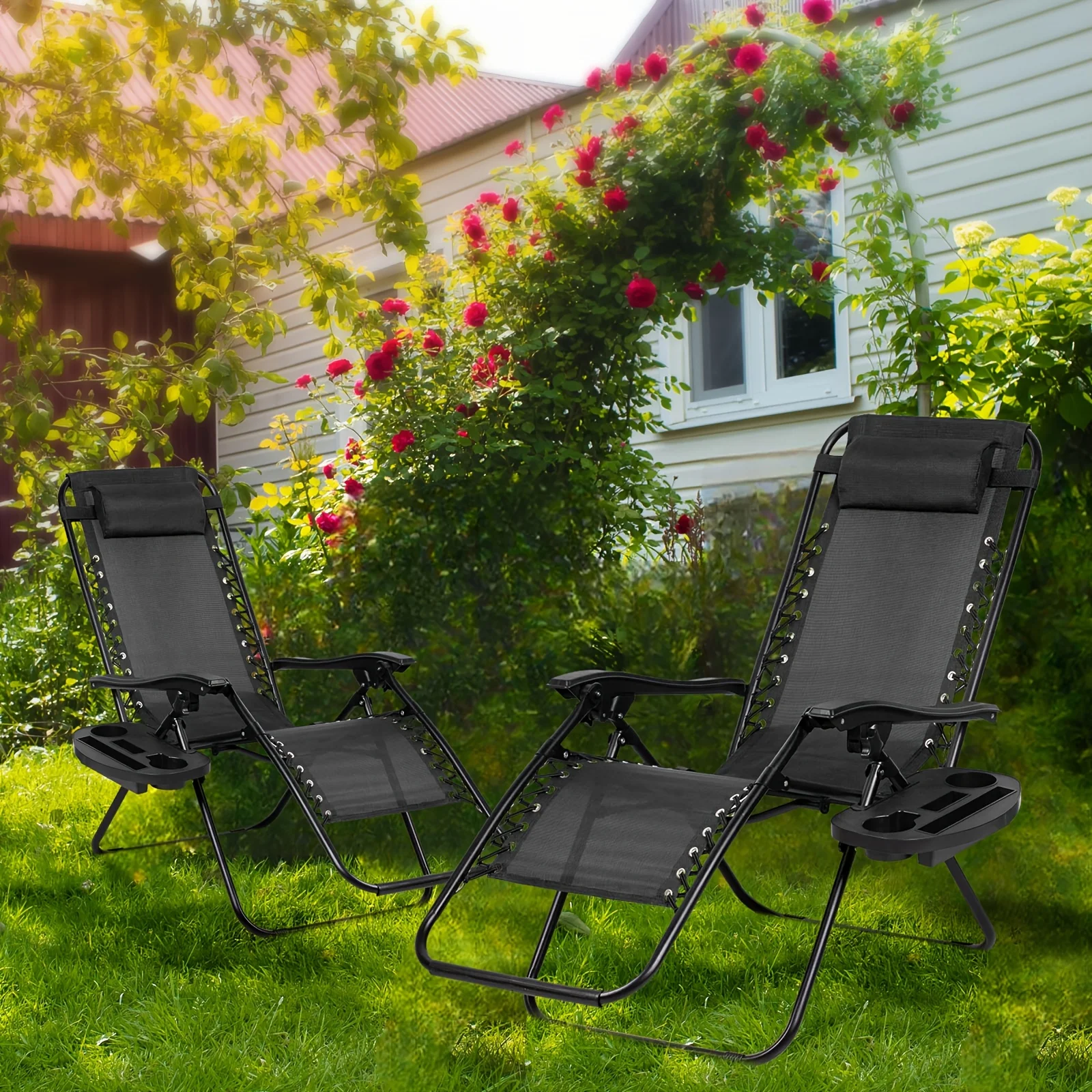 

Two-Pack Patio, Garden, Lawn, Beach Adjustable Lounge Chairs, Zero-Gravity Armchairs with Cup Holders