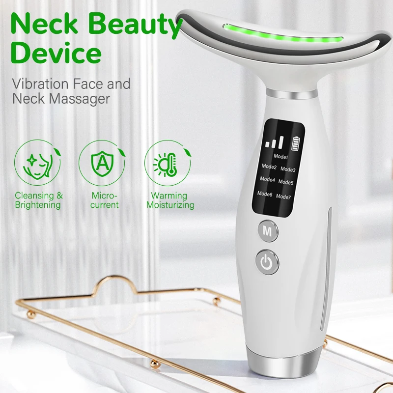 Massageador facial portátil de 7 cores, massageador facial com vibração e calor, dispositivo de levantamento de pescoço para cuidados com a pele aprimorados do rosto e pescoço