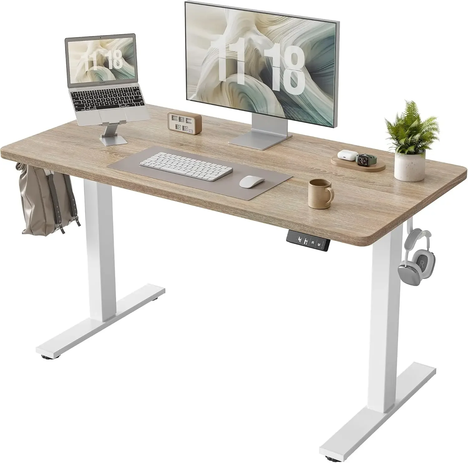 

Electric Height Adjustable Standing Desk 47.2×23.6 inch, Sit Stand Desk with Splice Board, Memory Controller, White Frame & Mapl
