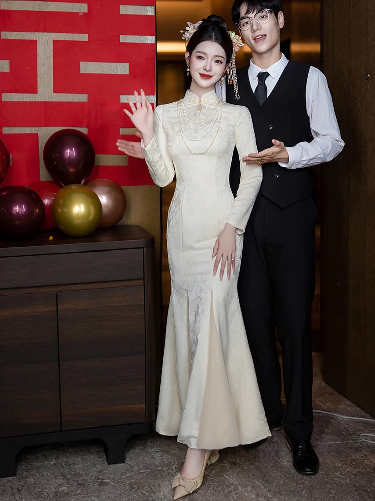 

New Chinese Sle Wedding Dr 2025 Fi Tail Bride Marriage Ceremony Champagne Color Improved Engagement Dr