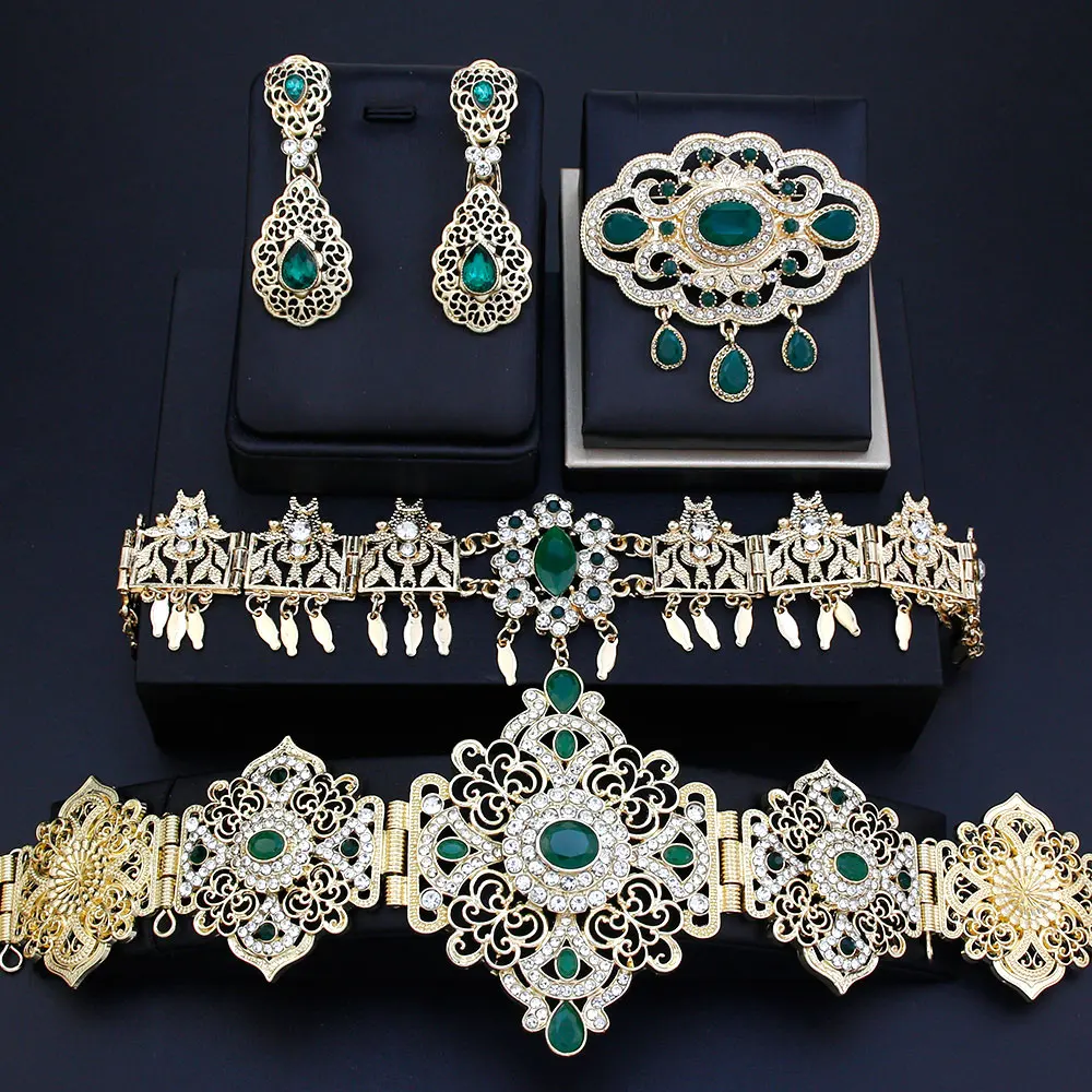 Neovisson Morocco Fashion Jewelry Sets Arabic Elegent Women Caftan Belt Hair Chain Brooch Earring Algeria Bride Accessorie