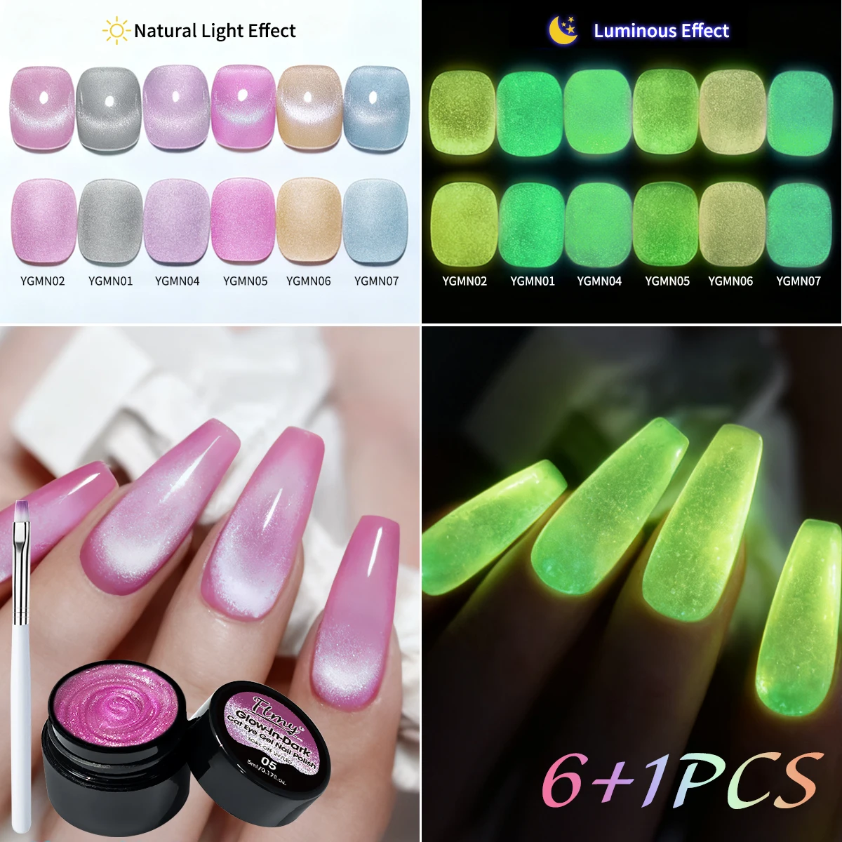 

FTMY 6-pack (5ml each) Glow-in-the-Dark Agate Cat Eye Magnetic Gel Nail Polish Set. This set features glow-in-the-dark agate cat