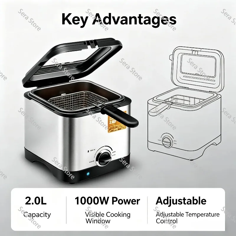 2.0L Compact Household Electric Deep Fryer, 1000W Small Countertop Frying Machine, Portable Oil Fryer for Making French