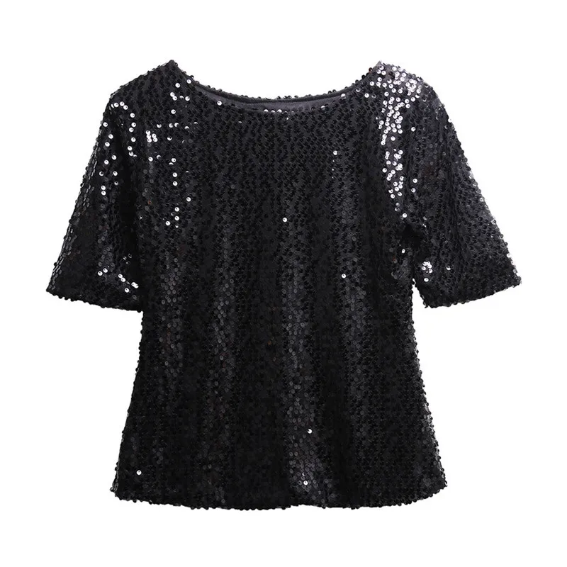 Top Women Sequin T-shirts Luxury Chic and Elegant Short Sleeve Loose Sloping Shoulder Glistening Wild Fashion Tees Streetwear