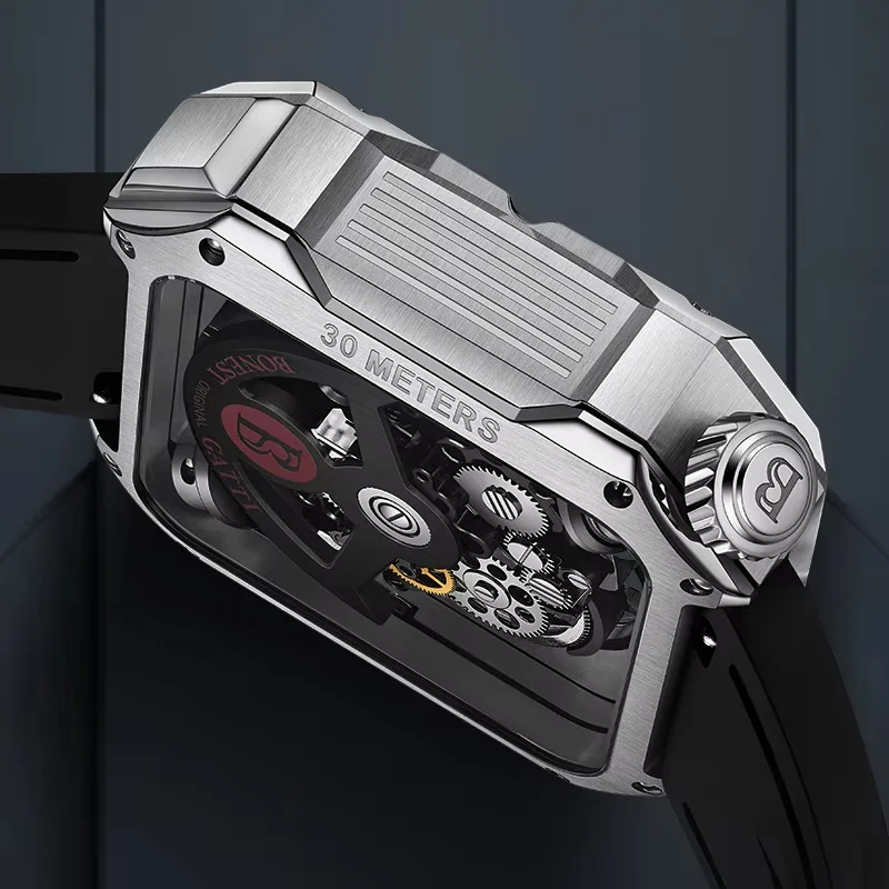 BONEST GATTI Orologio automatico da uomo 42mm Quadrato da uomo Orologio da polso meccanico Zaffiro quadrante scheletrato luminoso Cinturino in caucciù fluorurato 2025