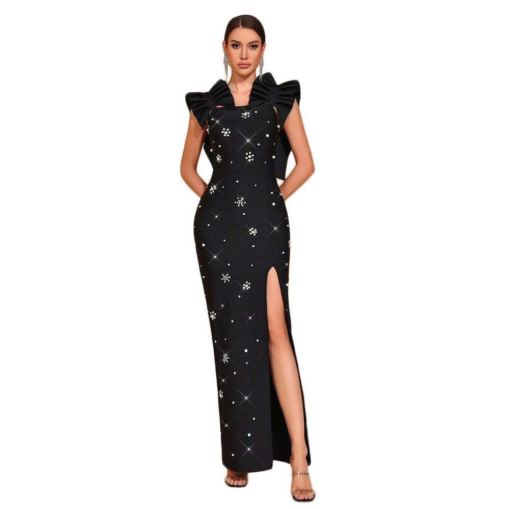 Women Sexy Sleeveless Beading Rhinestone Bandage Dress Celebrity Party Evening Elegant Dresses