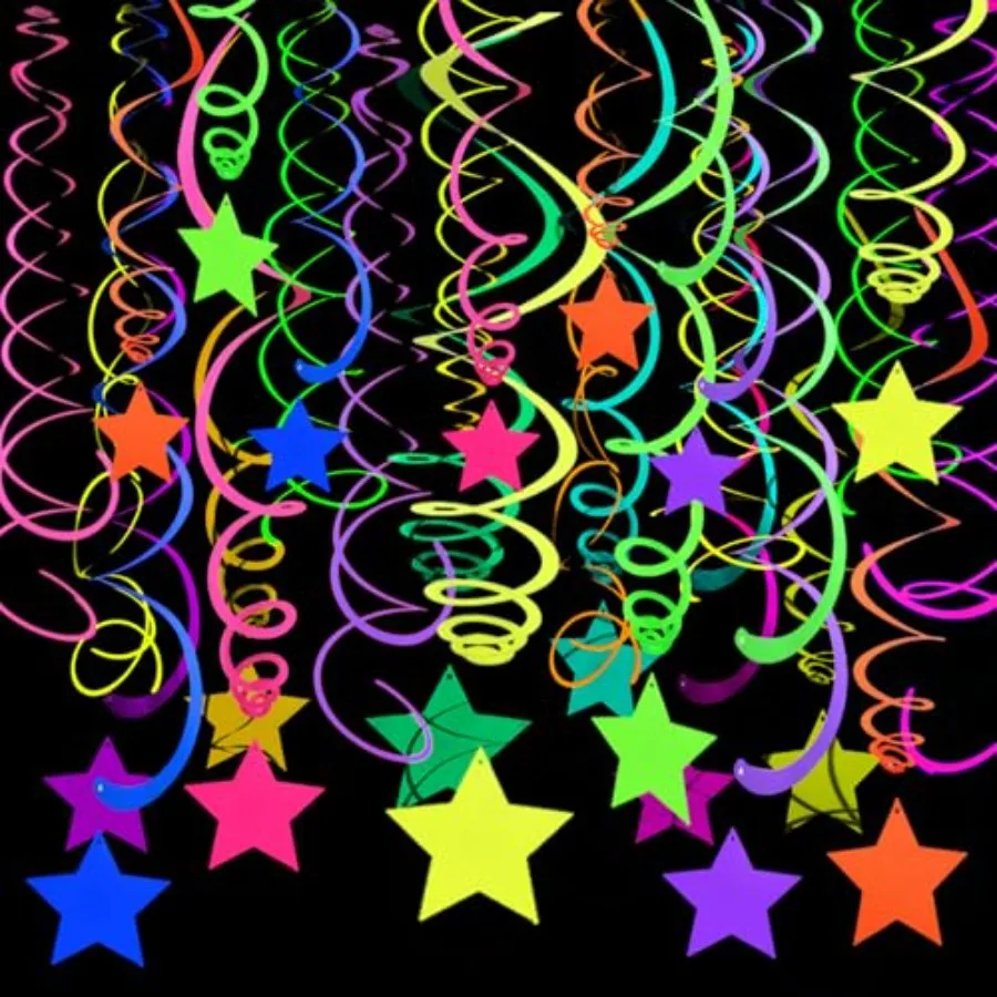 

56 Pieces Rainbow Hanging Swirl Decorations Neon Swirl Streamers UV Neon Garland Ceiling Decorations Glow in The Dark Neon Part