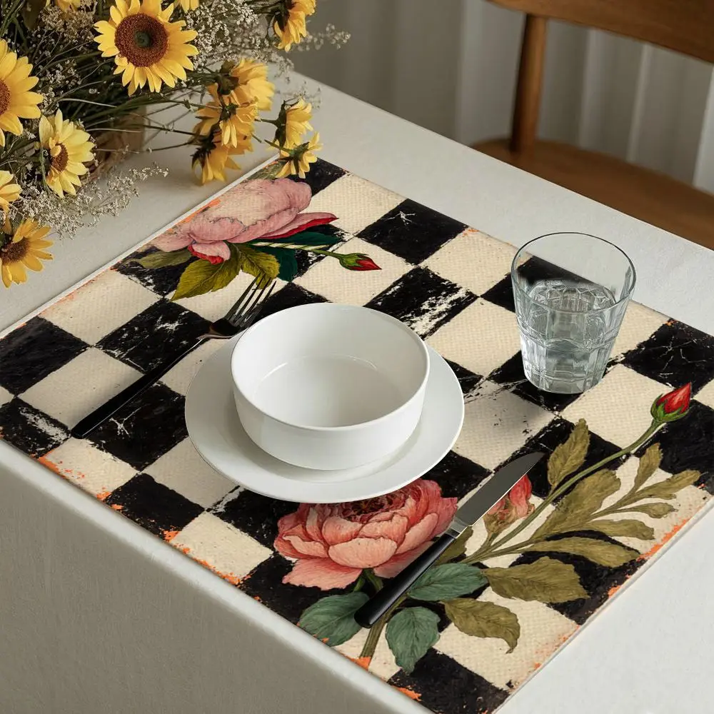 1 pc Home Placemats, Vintage Black White Checkered Floral, Linen Table Mats, Washable Kitchen Dining Decor, Restaurant Bowl Mats