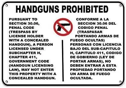 Handguns Prohibited Pursuantto Section 30.06 Security Sign For Outdoor & Indoor Metal Sign 8X12 Inches, TinSignEUa50328 sign