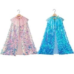 2025 New Button Style Flashing Sequins Cloak Girls Halloween Mermaid Dress Up Capes Princess Girls Performance Cloak Christmas