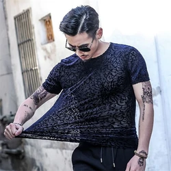 Solid Color Carving Hollow Slim Fit Short Sleeve T Shirt For Men Summer Quality Velvet Soft Comfortable Elastic Luxury Camisetas