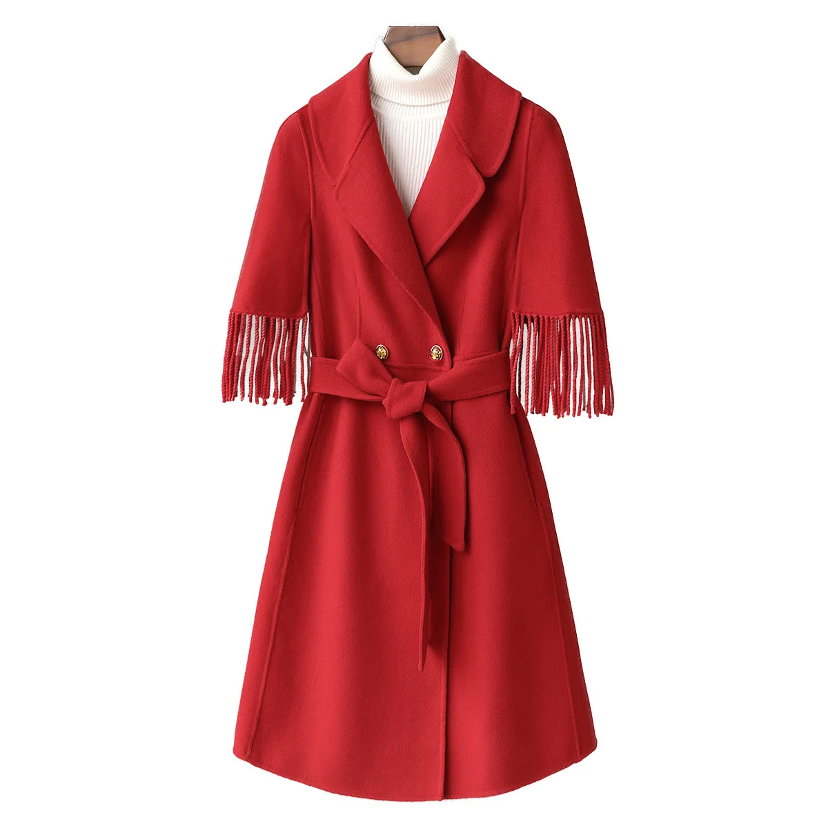

93.4% Wool 6.6% Cashmere Double-sided Woolen Coat 2025 Spring Fashion Style Tassel Long Woolen Jacket for Women