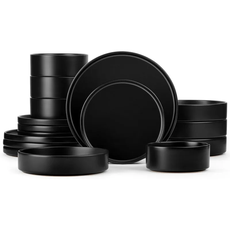 Juegos de vajilla con cuencos para Pasta para 4, 16 piezas, platos para ensalada y cuencos para servir cereales, platos de gres, cena Wa