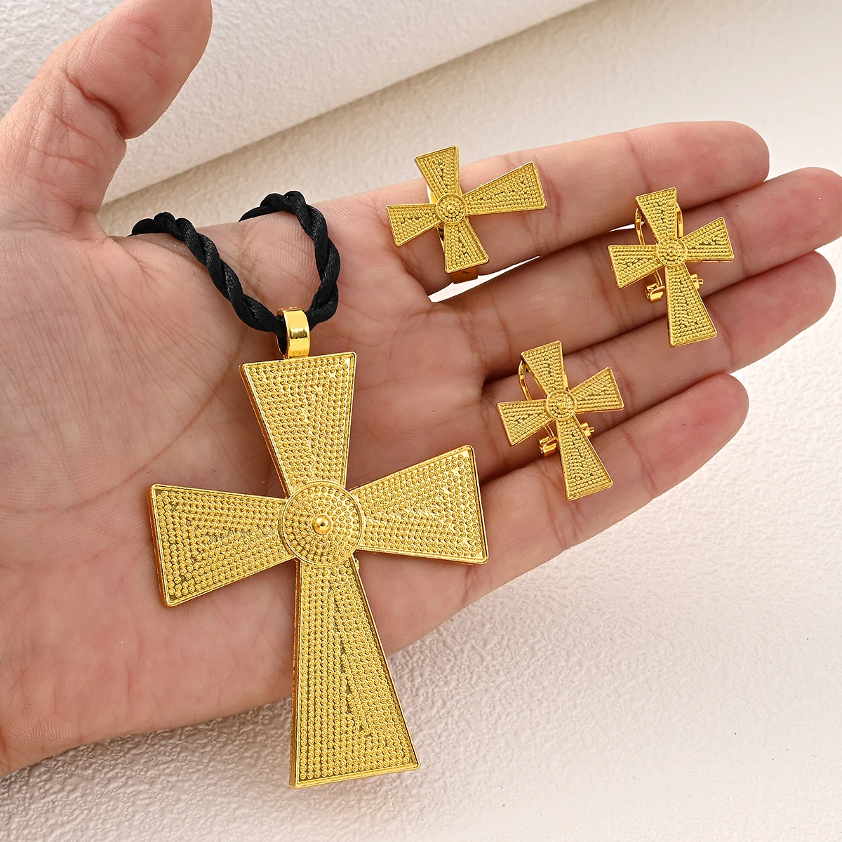 New Ethiopian Saudi Arabia Cross Jewelry Sets Necklaces Earrings Rings for Women Girls African Ethnic Wedding Party Gifts