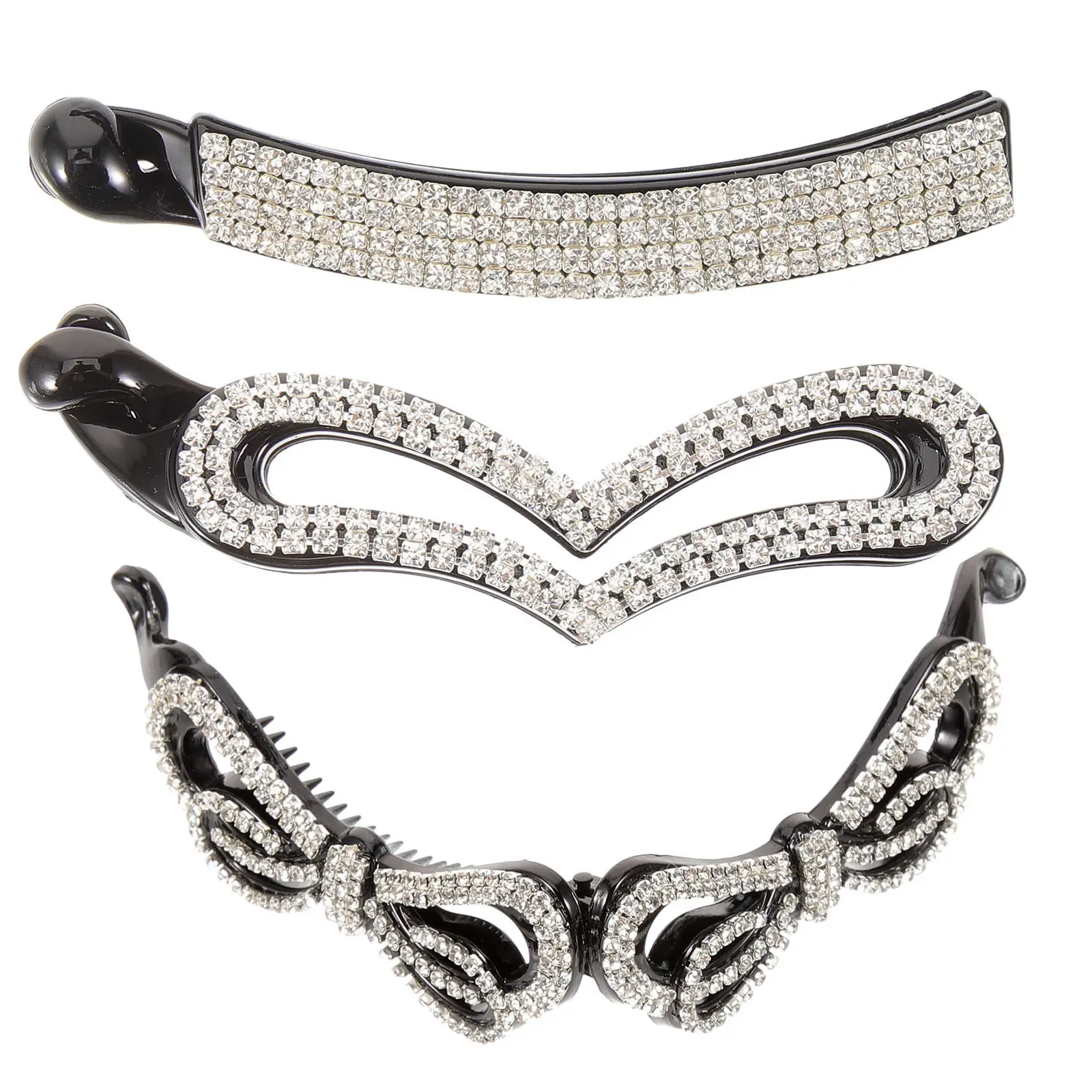 

3Pcs Elegant Rhinestone Banana Hair Clip Toothed Ponytail Holder Quick Style Updo Claw Clamp for Office Party Beach Use