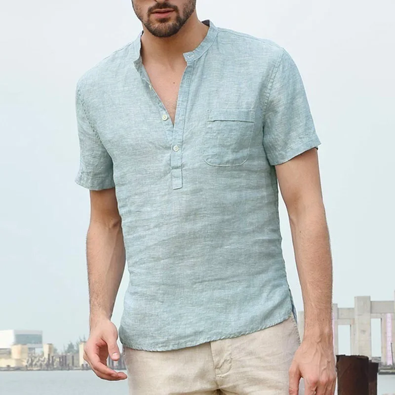 American Style Men's Casual Breathable V-Neck Shirt Loose Fit Short Sleeve T-Shirt Comfortable Spring Autumn Top