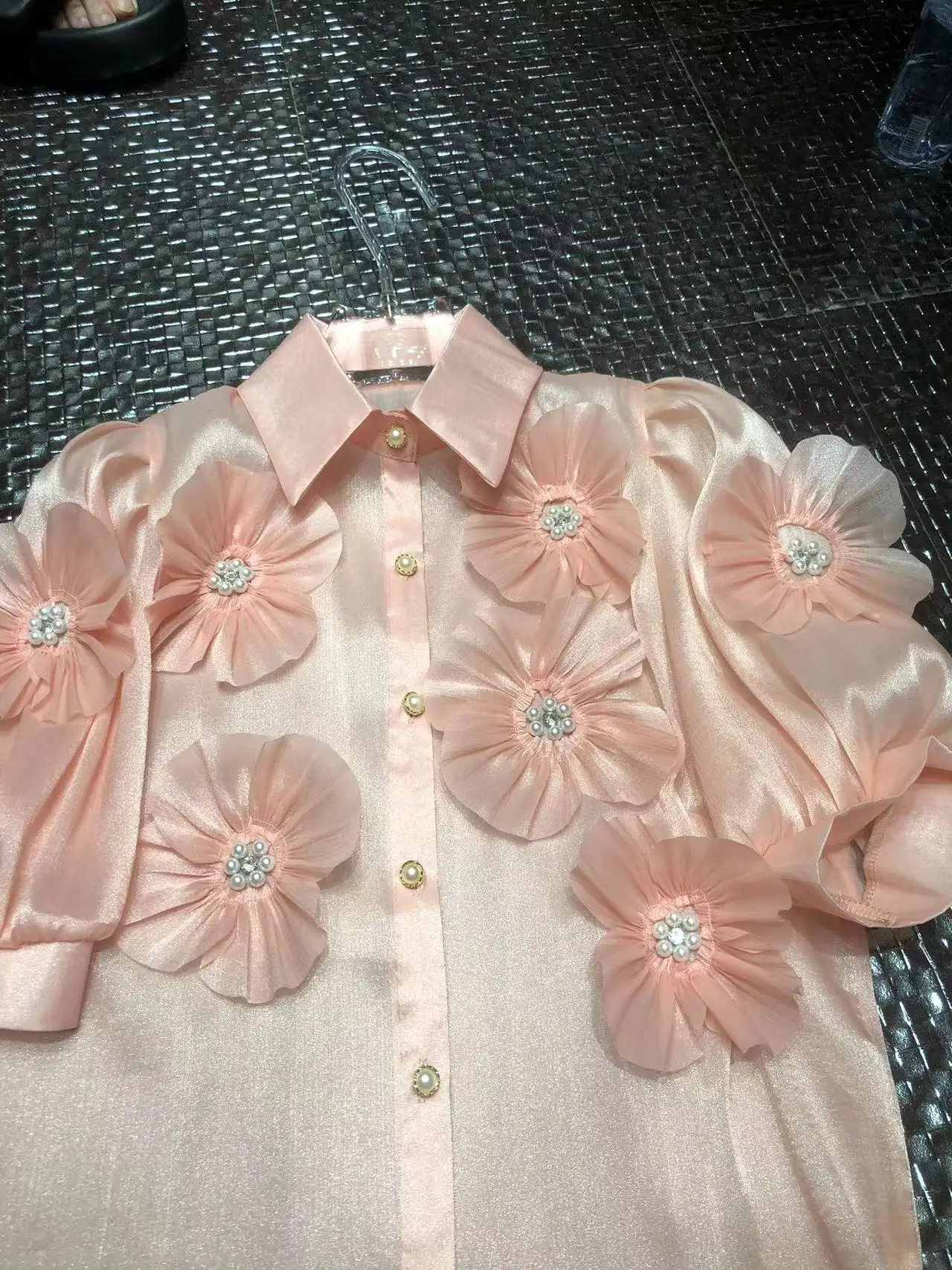 Real Photo Beaded Flowers Stitch Camisas 2024 Summer Short Sleeve Diamonds Buttons Up Shirts Blouses For Women Tops Blusas