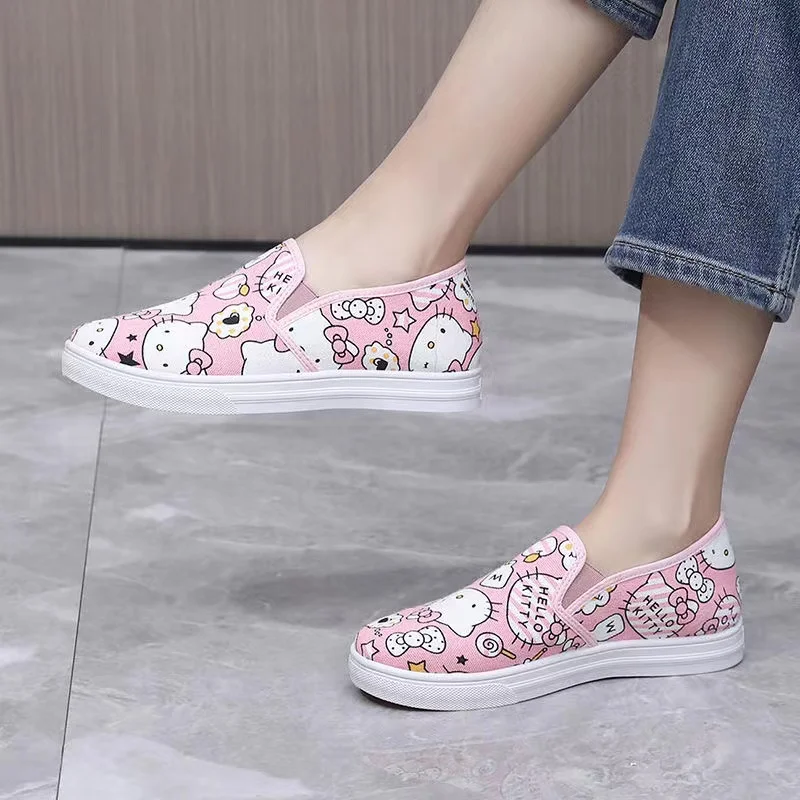 real pictures plus size Versatile Frozen cartoon hello kitty Casual Shoes 2024 New cheap discount women Canvas pink board shoes