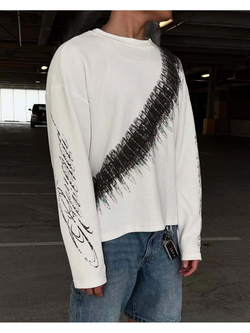 American retro ins style bullet printed round neck Waffle long sleeve T-shirt unisex spring and autumn leisure fashion new.