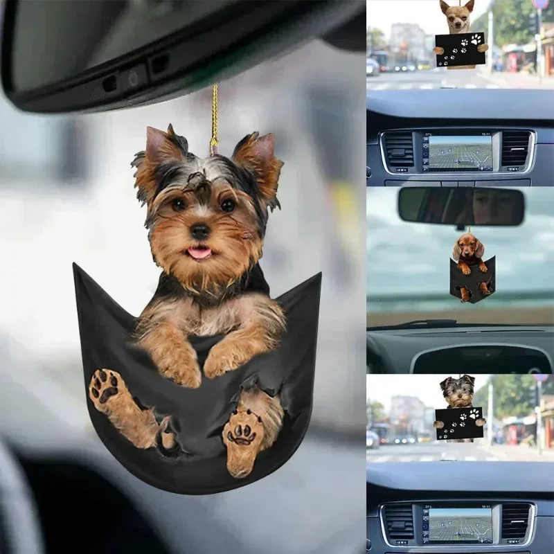 Funny Car Rearview Mirror Cute Pocket Pendant Hanging Puppy Colorful Dog Ornament Accessories Home Decoration