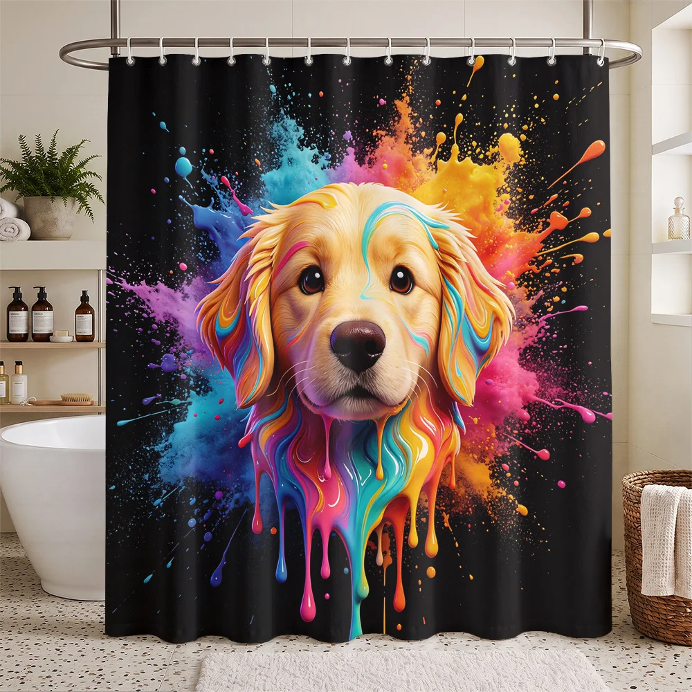 Vibrant Watercolor Splash Golden Retriever Dog Portrait Shower Curtain Bathroom Decor Art Print ,Rod Pocket Blackout Curtains