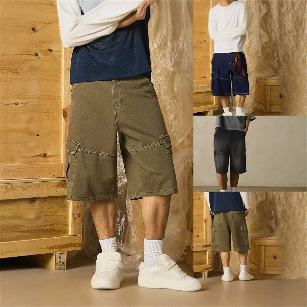 Men Solid Color Multi Pockets Simple Basic Casual Trendy Daily Straight Knee Length Denim Shorts Male European American Clothes