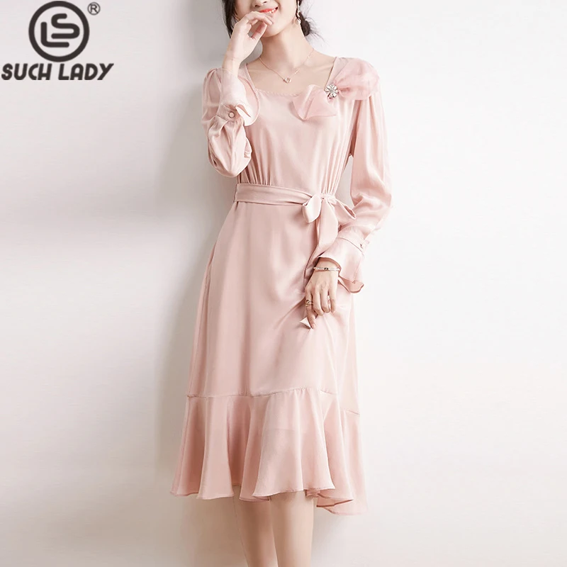 

100% Real Silk Women's Dresses Square Neckline Long Sleeves Bow Detailing Elegant Ruffles Vestidos