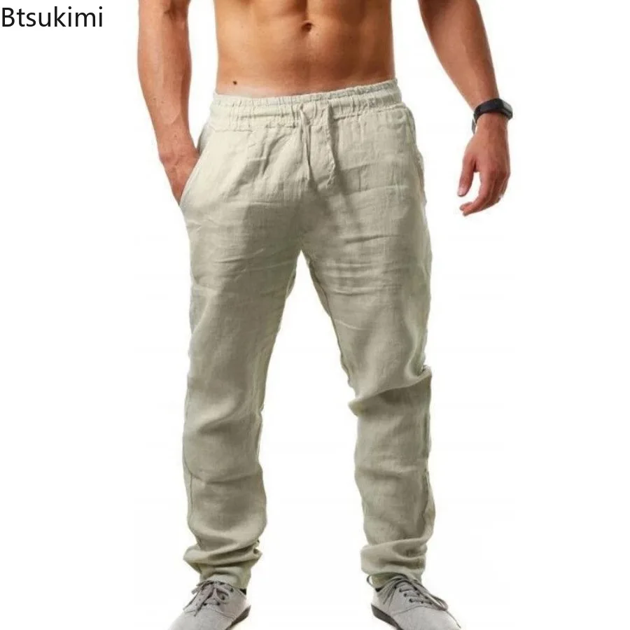 

New Men's Cotton Linen Pants Summer Loose Breathable Casual Hip Hop Trouser Elastic Waist Lightweight Beach Pants Man Streetwear