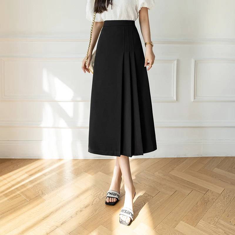 Seoulish Vintage Women\'s Pleated Skirts 2024 New Summer Solid Color High Waist Mid Length Swing Office Lady A-line Skirts Female