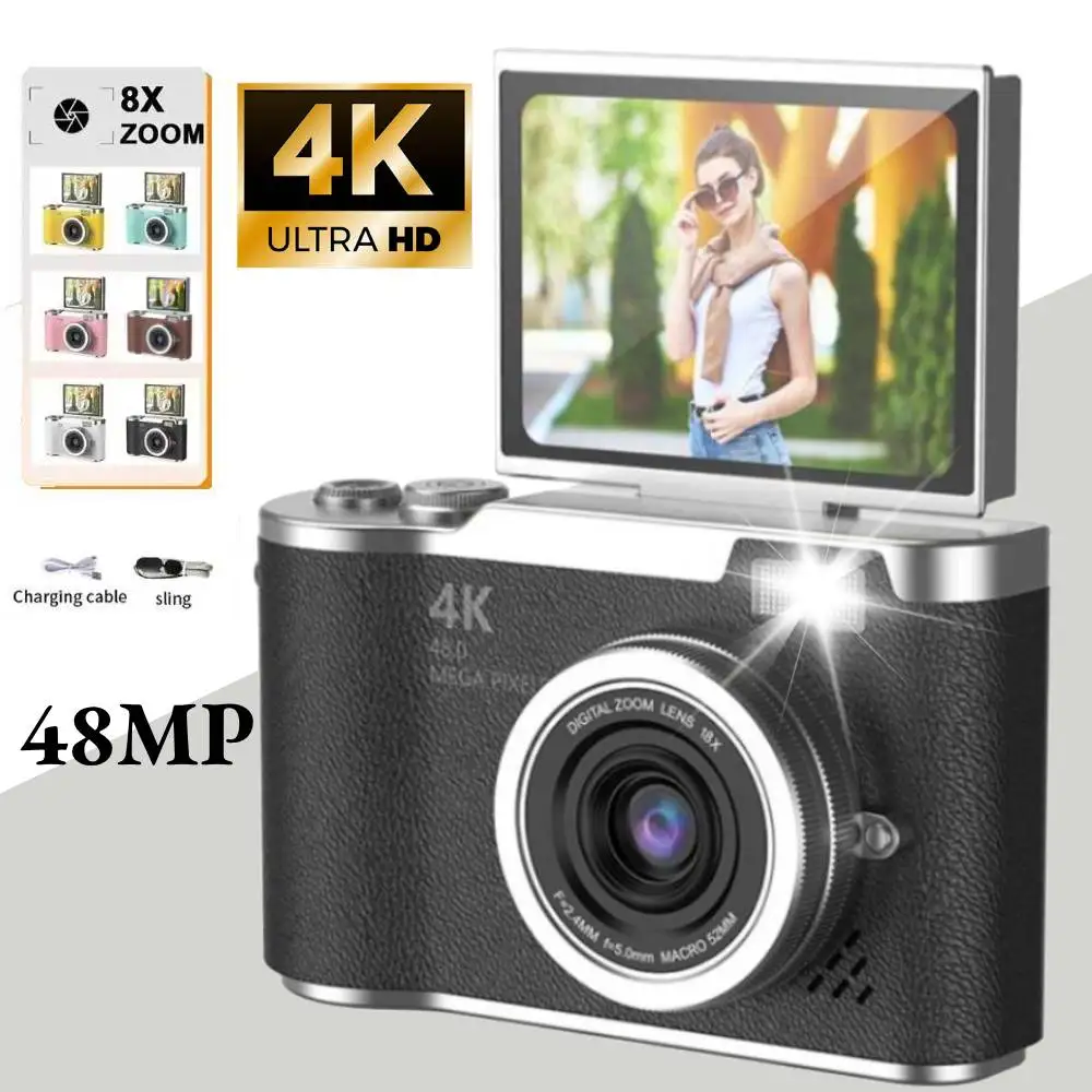 48MP Digitalkamera mit Schönheitsfiltern, 4K HD Studenten-CCD-Kamera, CMOS Anti-Shake 180° °   Flip-Screen Selfie-Kamera für Kinder und Erwachsene als Geschenk