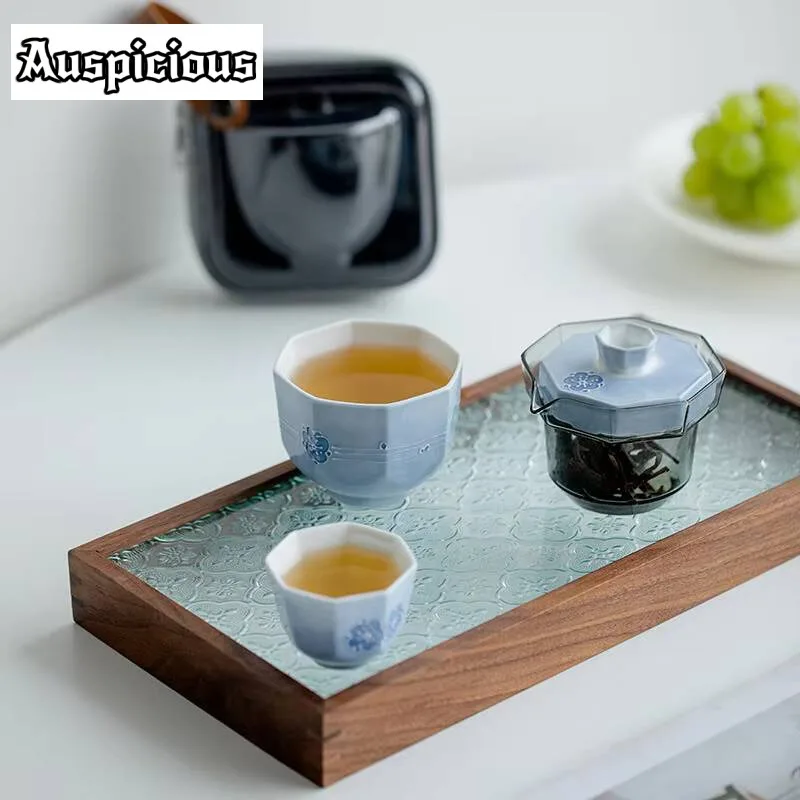 Pure Handpainted Cherry Blossom Travel Teaset 1 Pot 2 Cup Outdoor Fog Blue Glaze Ceramics Express Cup Anti Scalding Glass Teaset