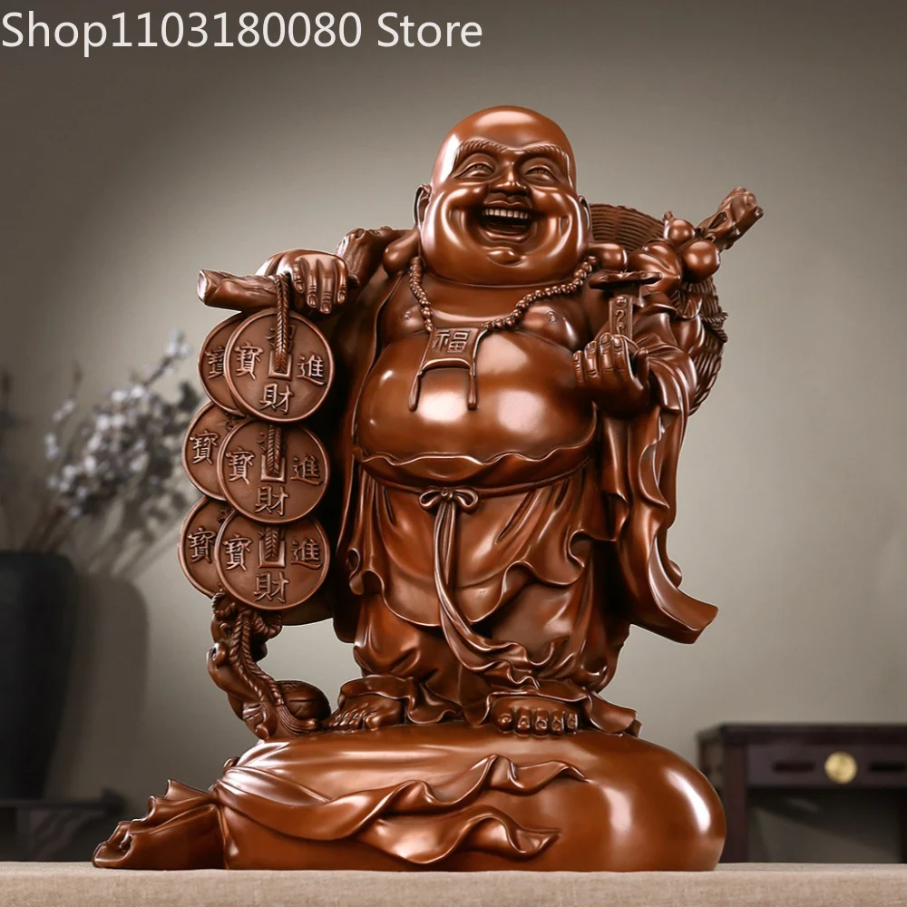 Red Copper Maitreya Buddha Statue Laughing Buddha Holding Coins Chinese Feng Shui Decor,23cm,16cm,10.5cm