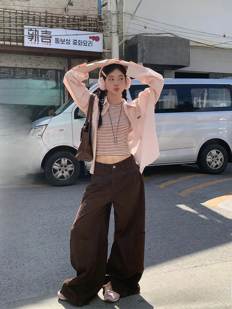 

Широкие джинсовые брюки с высокой талией, женские брюки кофейного цвета длиной до пола, прямые брюки на осенний сезон