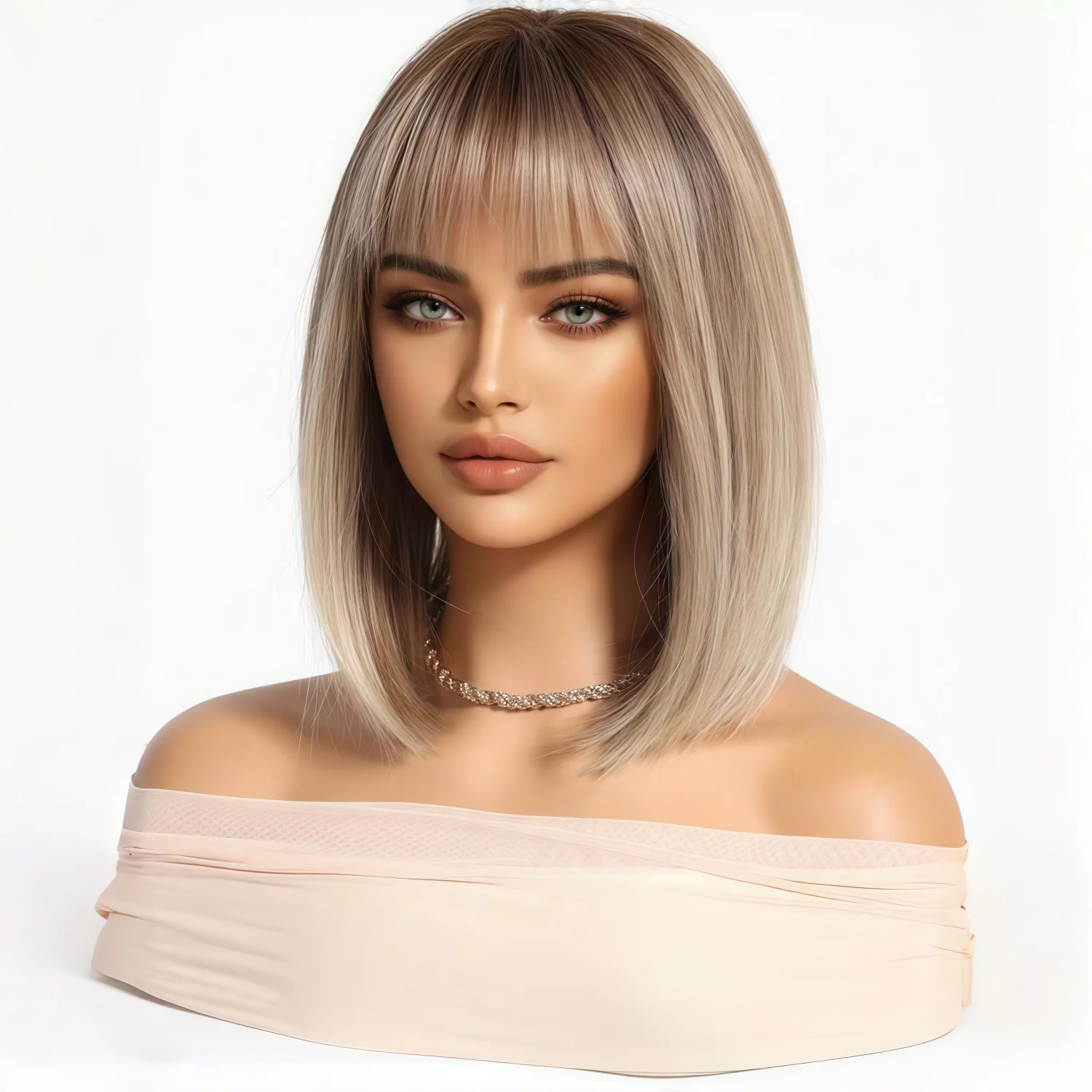 Elegant, Cute, and Fashionable Bob Synthetic Wig, 14 Inches with Gradient Color and Bangs image 4