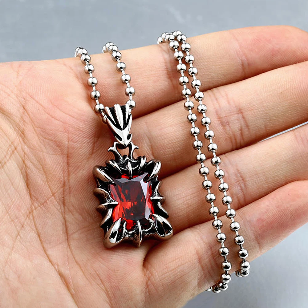 Vintage Fashion Red/Black/Blue/Green Color Stone Pendant Necklace For Men Women Stainless Steel Punk Couple Jewelry Dropshipping