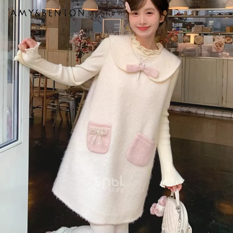 

Japanese Design White Sweet Doll Collar Woolen Women's Vest Dress 2026 Spring New Pink Pocket Loose Versatile Dresses Ladiess