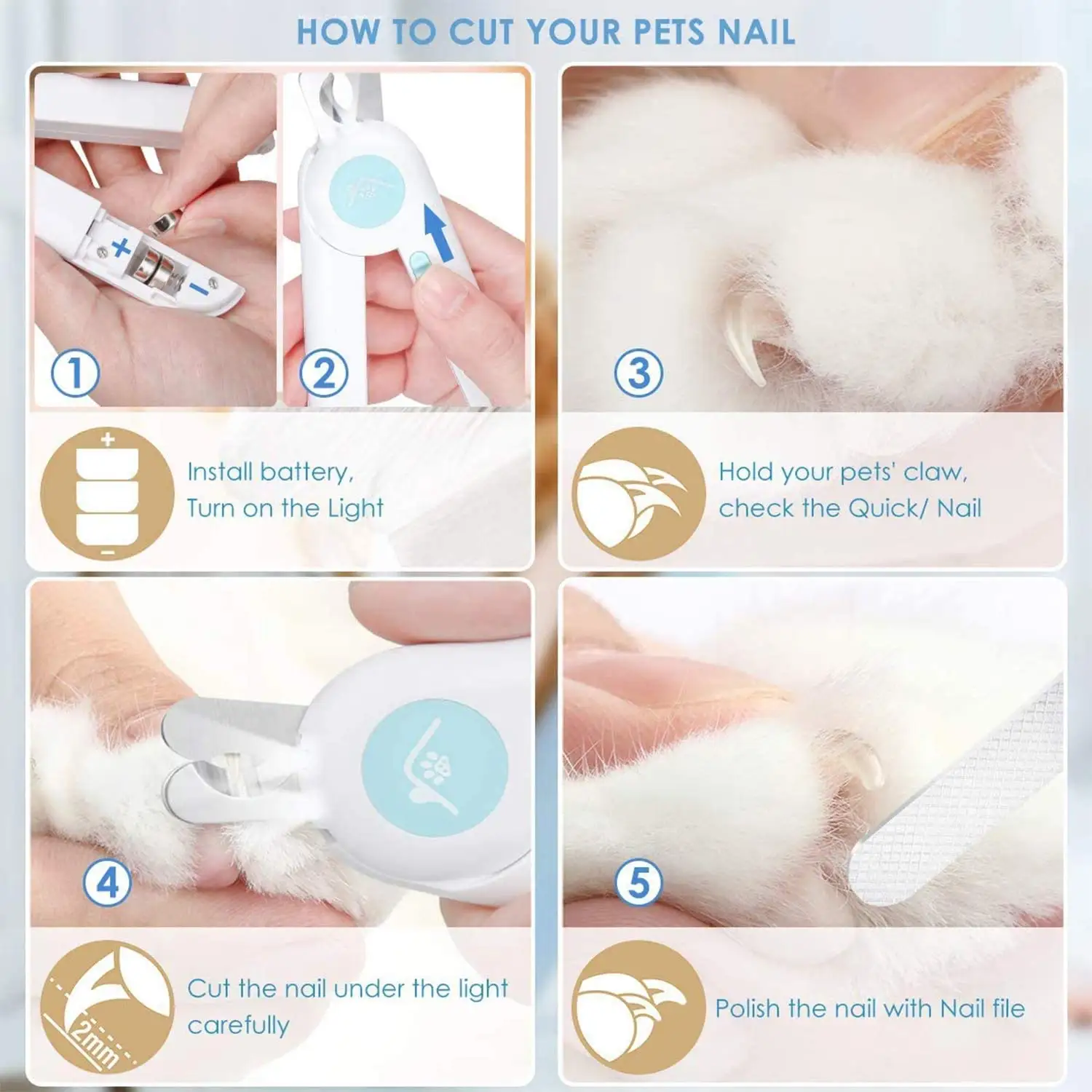 Pet Cat Nail Clipper with LED Light Round Head Dog Cats Nail Clipper Claw Trimmer Grooming File Grinder for Small Animals