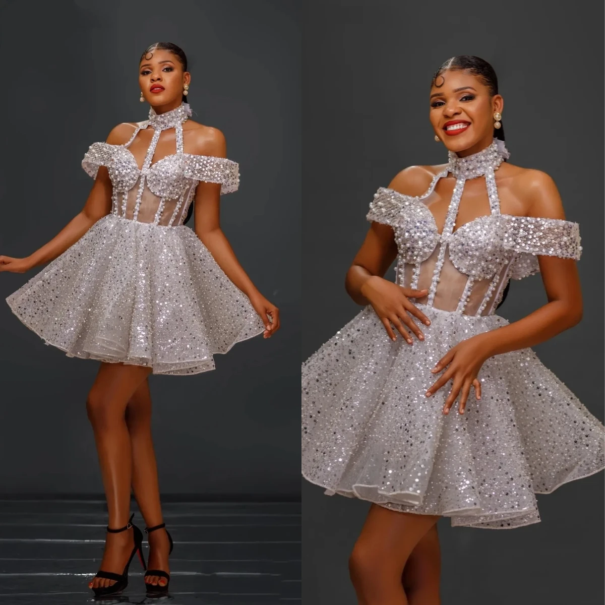 

Mini Sparkling Lace Glitter Cocktail Ball Dress Sexy Off Shoulder Black Female Graduation Back to School Party Dress Customized