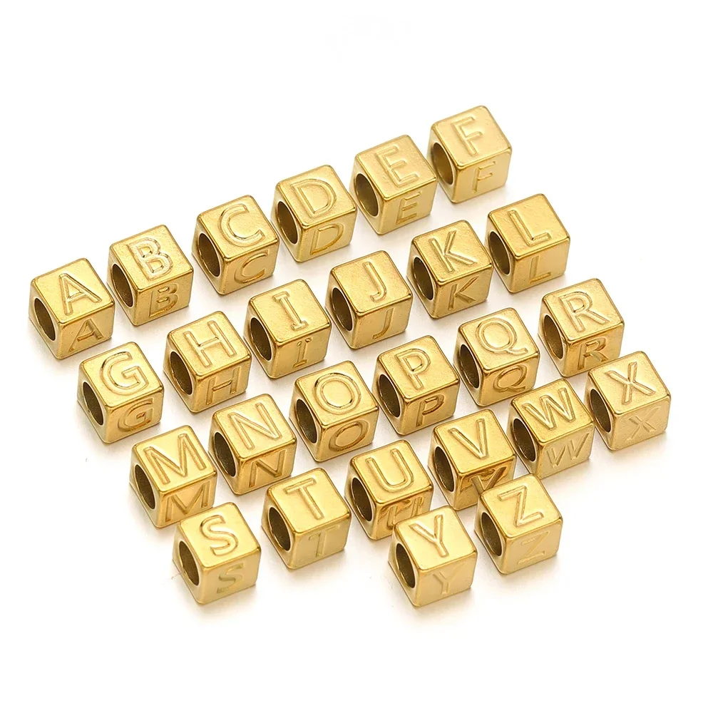 10pcs Stainless Steel 4 Sides Engraved Capital Letter Bead Square Cube Slider Bead Stamped Charm for DIY Jewelry Necklace Making