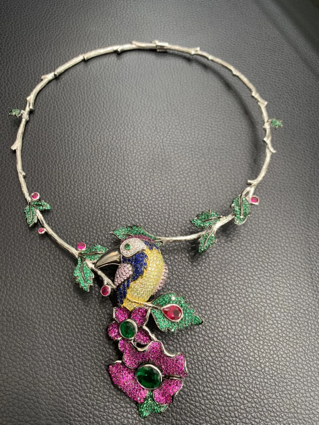 

bird and flower torques necklace 925 sterling silver with cubic zircon multi color ethnic chinoiserie fine women jewelry