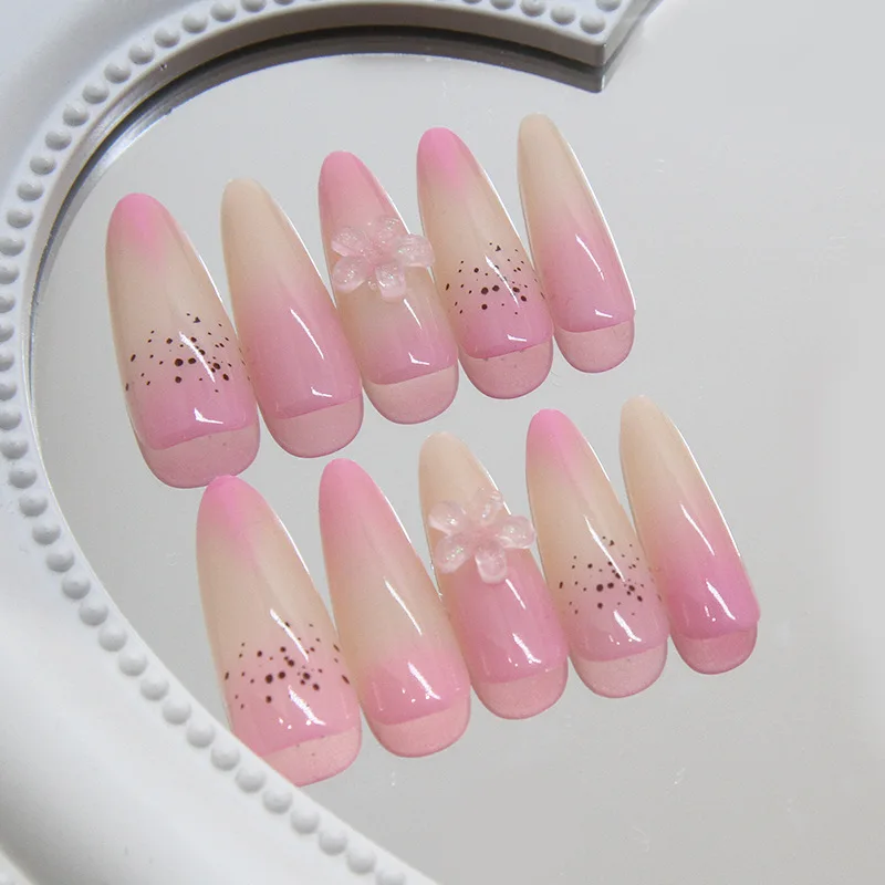 Unhas Longas Apontadas Com Blush, Dicas De Unhas Falsas, Cobertura Completa, Dicas Brilhantes, Flor De Pêssego 3D, Pressione Nas Unhas, Manicure Vestível, 24PCs